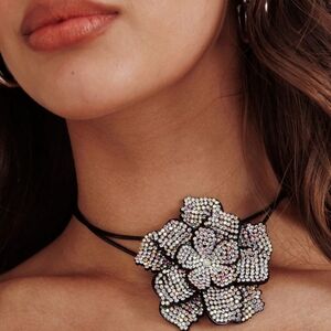 Wrap Tie Choker Big Black Rhinestone Flower Goth Glam Necklace Belt Hair Blossom